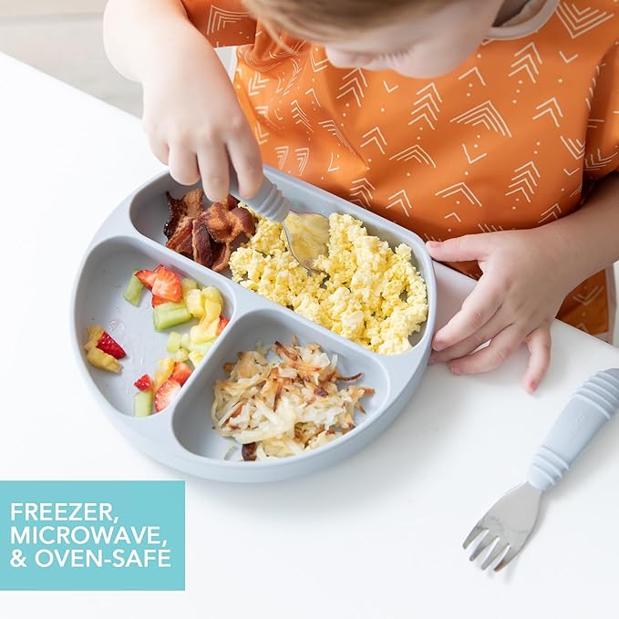 Bumkins Toddler and Baby Suction Plate, Silicone Divided Grip Dish for Babies and Kids, Baby Led Weaning, Children Feeding Supplies, Non Skid Bottom, Platinum Silicone, 6 Months Up, Gray and Blue