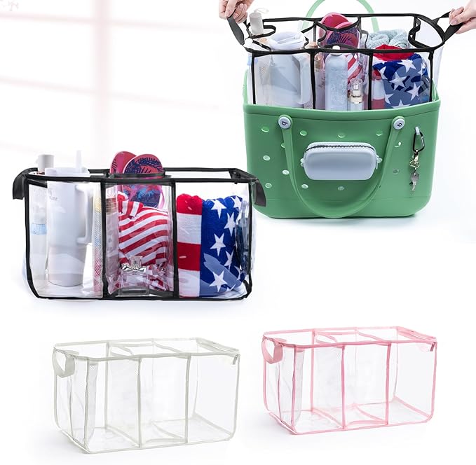 AMOIGEE Clear Beach Bag Organizer Insert with 3pcs Accessories for XL Bogg Bag Inserts - Tote Bag Divider with Sunglasses Holder, Phone Holder and Clips Hooks - Beach Tote Insert Organizer Liner