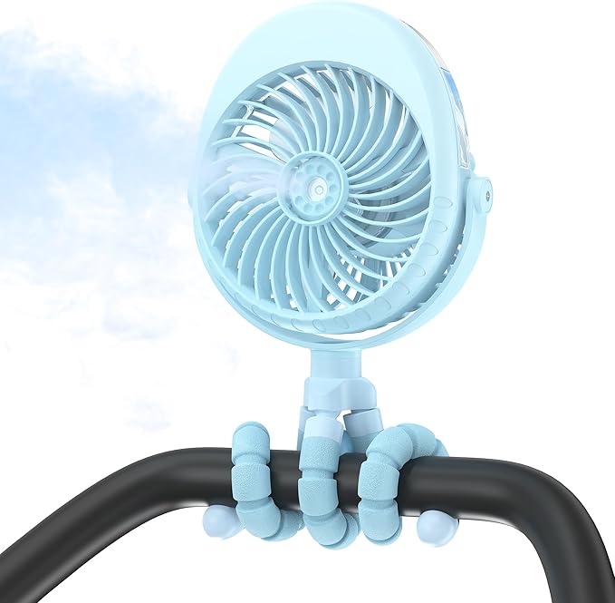 2025 Upgarded 4000mAh Misting Baby Stroller Fan, Rechargeable Battery Operated,Max 15Hrs Cooling,50ml Portable Water Sprayer Misting Fan with Flexible Tripod Clip on Car Seat Crib Treadmill Bunk Bed
