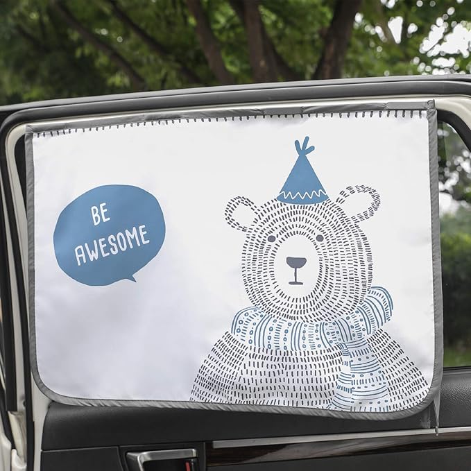 BEBEDECO Magnetic Car Sun Shade Curtain for Side Window – Sun Blocker and UV Protector for Baby, Kids, and Pets – Universal Fit with Built-in Magnets for Steel-Framed Door (Be-Awesome Bear)