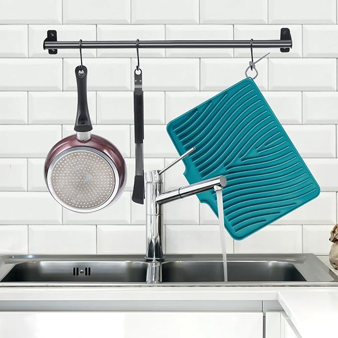 Silicone Dish Drying Mat for Kitchen Counter, Dish Drying Pad, Non-Slip Drain Pad with Built-in Drain, Heat Resistant Stone Drying Mat(16" x 12", Green)