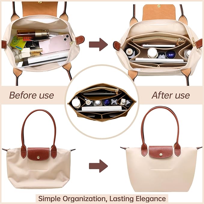OPPOSHE Purse Organizer Insert for Longchamp Le Pliage, Premium Felt Long Champ Bag Handbag Women, Tote Organizer Insert with 9 Compartments (Large, Brown)