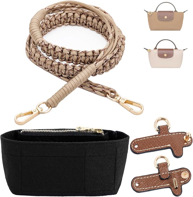 Handwoven Adjustable Shoulder Strap & Mini Bag Organizer Set for Longchamp Mini Bag, Includes Inner Liner & Strap, No-Punch Design – Tan & Black