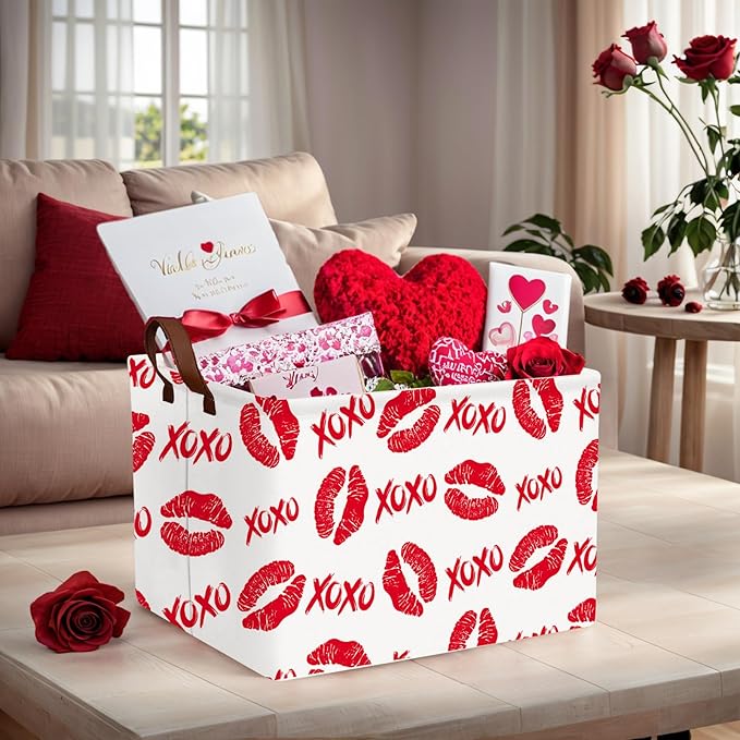 ASKETAM Valentine's Day Basket for Gifts Empty Cute Heart Large Gift Basket Decorative Storage Bin for Kid and Baby Room Décor (XOXO Red Lips)