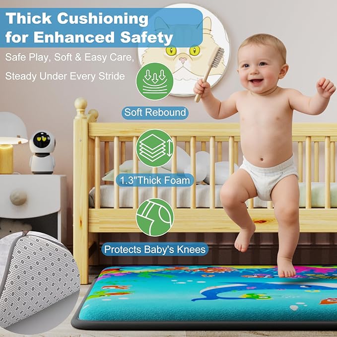 1.3" Thick Baby Play Mat for Floor, Elasti-Foam 71x59 Playpen Mat, Water Repellent Ultra Soft Coral Velvet Tummy Time Crawling Mats for Kid Toddlers Infants, Non-Slip Backing Safe for Crawling Ocean