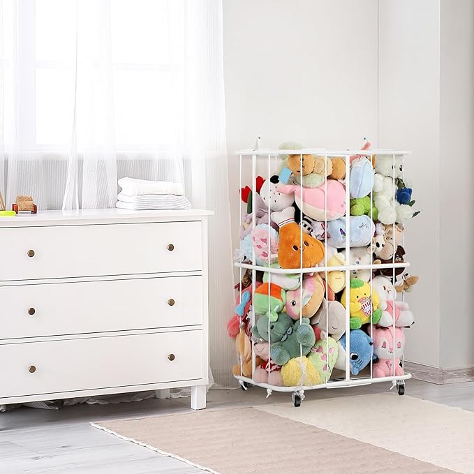 Stuffed Animal Storage Plush Toy Organizer Rolling Stuffed Animal Holder with Wheels Large Stuffed Animal Storage Zoo, Elastic Band for Playroom Bedroom Nursery, Large Capacity, White