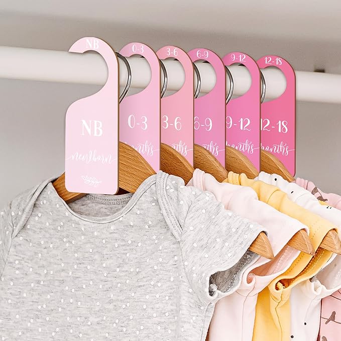 Whaline 7Pcs Pink Wood Baby Closet Size Dividers with Velvet Bag Newborn to 24 Month Thicken Infant Wardrobe Hanger Organizers for Home Nursery Party Favors Supplies