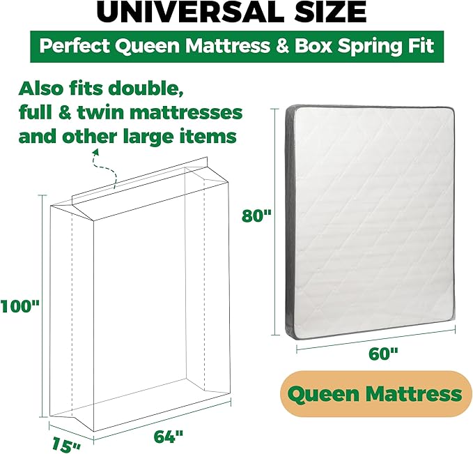 Queen Mattress Bags for Moving & Storage - Heavy Duty Thick 4mil Reusable Bag Mattresses Covering, Waterproof Plastic Perfect Bed Fit - Clear, 100 × 64 x 15 Inches