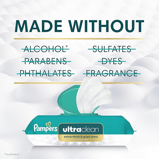 Pampers Ultraclean Baby Wipes (Previously 'Free & Gentle'), 99% Water, Hypoallergenic, Unscented, 100% Plant Based, Plastic-Free, 936 Wipes Total (12X Flip-Top Packs)