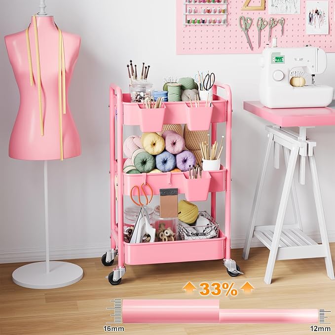 3 Tier Rolling Cart Metal with Lockable Wheels, Pink Three Tiered Diaper Caddy Cart Organizer on Wheels, Storage Utility Trolley Carts for Craft, Art, Nail, Lash, Baby Supplies, Cleaning, Mesh