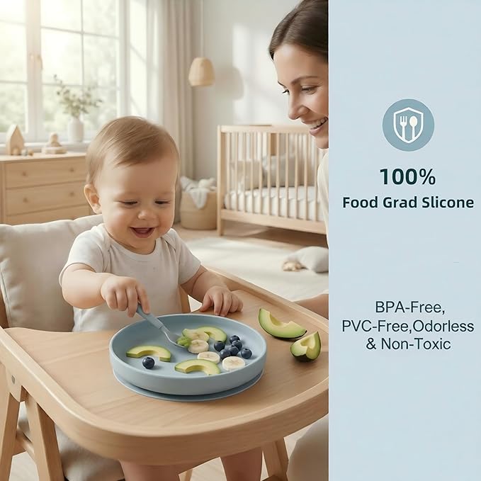 Classic Toddler Plates with Suction 2 Pcs, BPA Free Silicone Baby Suction Plates, Stick Dinner Dishes for Baby Toddler Kids, Dishwasher Safe, Stackable