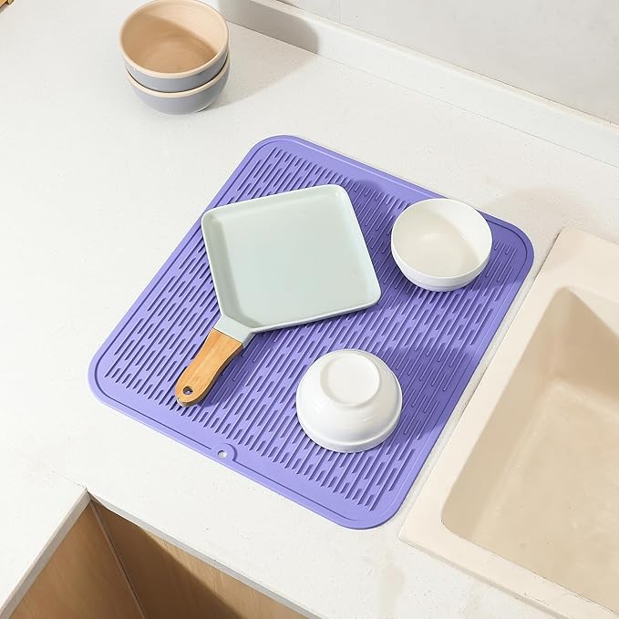 MicoYang Silicone Dish Drying Mat for Multiple Usage,Easy clean,Eco-friendly,Heat-resistant Silicone Mat for Kitchen Counter or Sink,Refrigerator or Drawer Liner Light Purple 2XL 24 inches x 18 inches