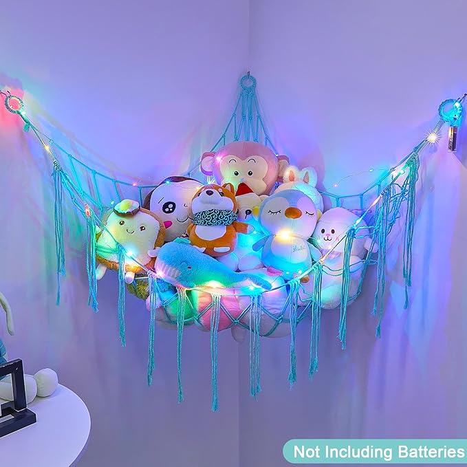 Basumee Stuffed Animals Net or Hammock with LED Light, Hanging Stuffed Animals Storage Toy Hammock Net Corner Wall Girls Room Decor Toy Storage Organizer, Light Aqua Green, L