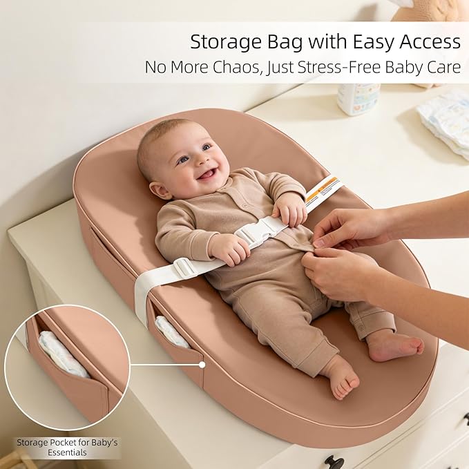 Baby Changing Pad, Waterproof Vegan Leather Wipeable Diaper Changing Pad with Safety Strap Non-Slip Changing Mat for Dresser & Table