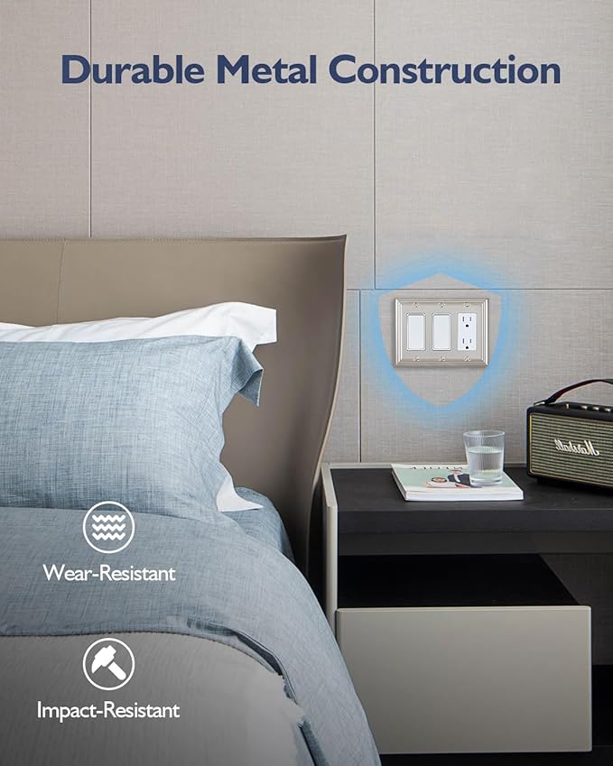 1-Pack Triple Decorator Wall Plate, Metal Electrical Outlet Cover for Receptacles, Dimmer Switches, GFCI Outlets, Satin Nickcel, Midsize, 6.77''*4.88''