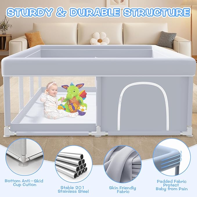 Baby Playpen 74 x 50 Inch Play Pen Playards, Playpen for Babies and Toddlers, Baby Playard for Indoor & Outdoor Active Center Game Fence, with Skin-Friendly Fabric and Soft Breathable Mesh Grey