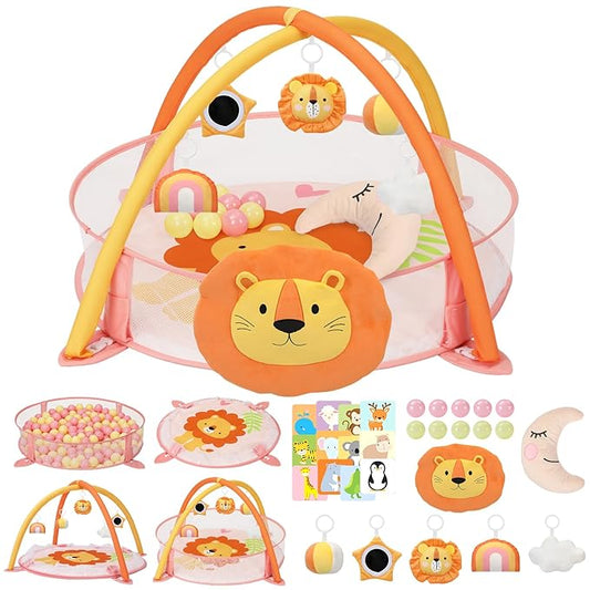 7-in-1 XL Large Baby Play Gym Mat, Tummy Time Mat, Baby Gym & Ball Pit, Baby Activity Mat with Milestone Cards & 6 Detachable Toys for Sensory Motor Skill, Lion