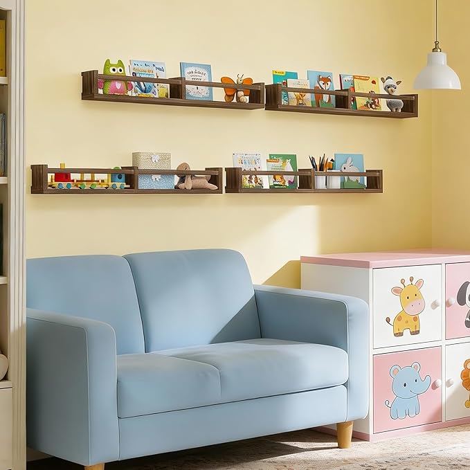 Fixwal Nursery Book Shelves, 32 Inch Floating Bookshelves for Wall Set of 4, Baby Nursery & Playroom Decor, Solid Wood Wall Mounted Shelves for Books and Toys Storage (Brown)