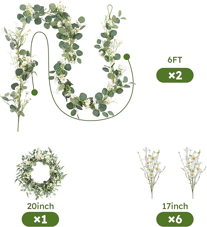 Pinkpum 20'' Eucalyptus Wreath 6FT Flower 17'' Artificial Silk Flowers Set 9 for Front Door White Floral Fireplace Table Hanging Porch Wall Home Decor Farmhouse Indoor Outdoor Summer Spring Garland
