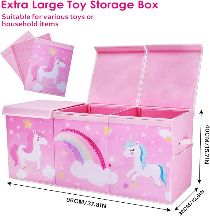 decalsweet Unicorn Extra Large Toy Box Chest with Flip Lid for Kids, Collapsible Oxford Toy Storage Box with Handles Mesh Pockets, Sturdy Waterproof Toy Box for Bedroom Playroom, 37.7×12.5×15.7 Inch