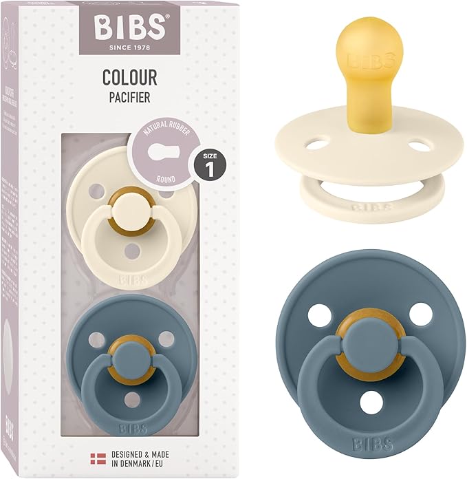 Bibs Colour Pacifier 2-Pack | BPA Free Soother, Round Nipple. Natural Rubber Latex,