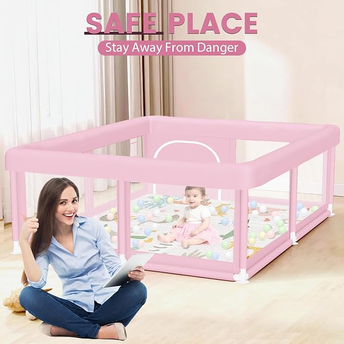 Large Baby Playpen with Mat 50"x50" Baby Girl Play Pen for Babies and Toddlers, Safe Structure and Soft, Skin-Friendly Fabric with Zipper Gates Pink