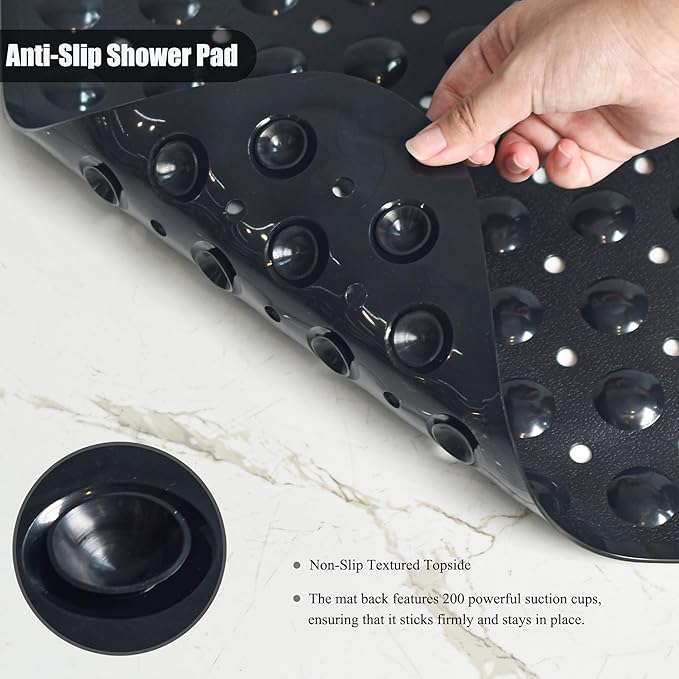 Large Non Slip Bathtub Mat, Extra Long Bath Mat for Tub, 40 x 16 Inch, Machine Washable Shower Mats with Suction Cups and Drain Holes, Bath Tub Mats for Bathroom Non Slip, Black