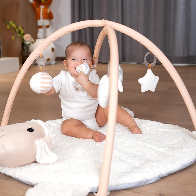 LADIDA Baby Play Mat, Tummy Time Mat with 5 Toys, Washable Baby Activity Mat for Visual, Hearing, Sensory, Motor Development, Little Sheep Playmat