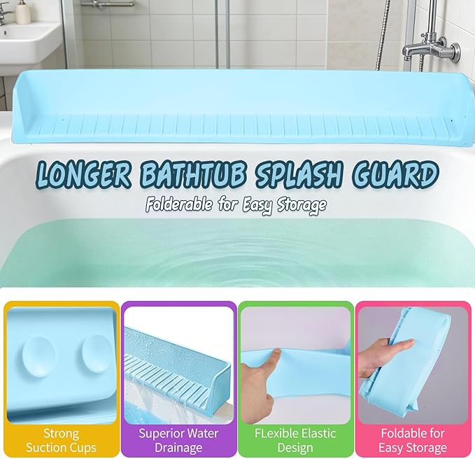 Splash Guard for Bathtub Kids - Silicone Bathtub Splash Guard with 11 Suction Cups, Bath Tub Play Shelf for Kids & Toy Holder, Prevent Water Spill in Bathroom, Fun Bath Time for Toddlers Baby(Blue)