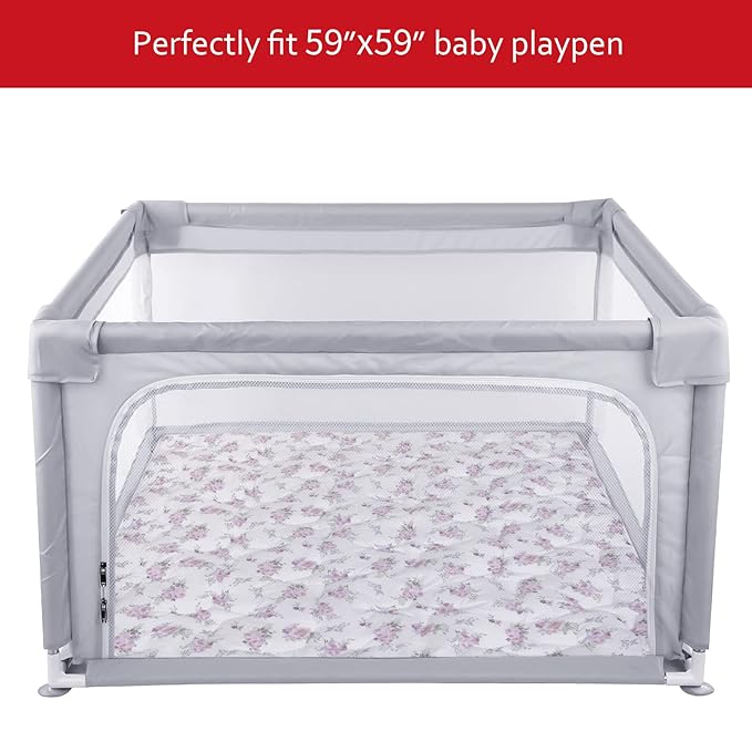 Baby Playpen Mat 59x59 Inches, One-Piece Crawling Non Slip Padded Pad for Playing, Baby Play Floor Mat for Babies, Toddlers, Floral