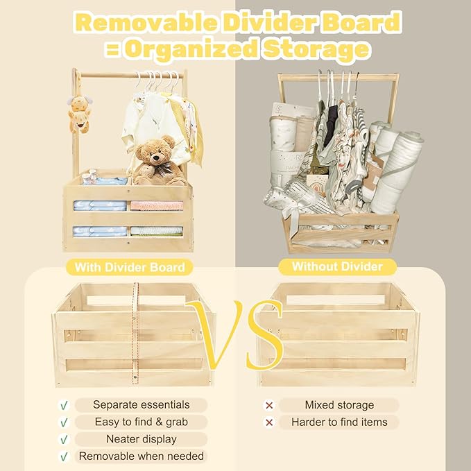 Wooden Baby Shower Crate Closet with Hanger Rack, Baby Shower Basket, 6 Baby Hangers, Removable Divider Board, Greenery Garland, Tools, Nursery Storage Organizer, Boys & Girls