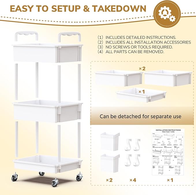 Goovilla Diaper Cart with Lockable Wheels and Easy Assembly, 3 Tier White Rolling Cart for Baby Nursery Storage, Sturdy Ample Diaper Caddy Organizer for Baby Girl, Boy, New Mom, Newborn Essentials