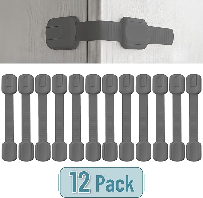 Bates- Child Safety Strap Locks, 12 Pack, Gray, Baby Cabinet Locks with Adjustable Strap Length