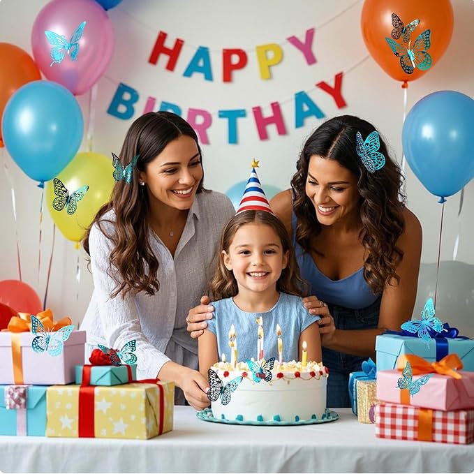 JOSDIOX 3D Turquoise Blue Butterfly Wall Stickers - 48 Pcs with 4 Styles & 3 Sizes, Removable Decor for Party Birthday Wedding Cake Balloon Decoration （48 Blue