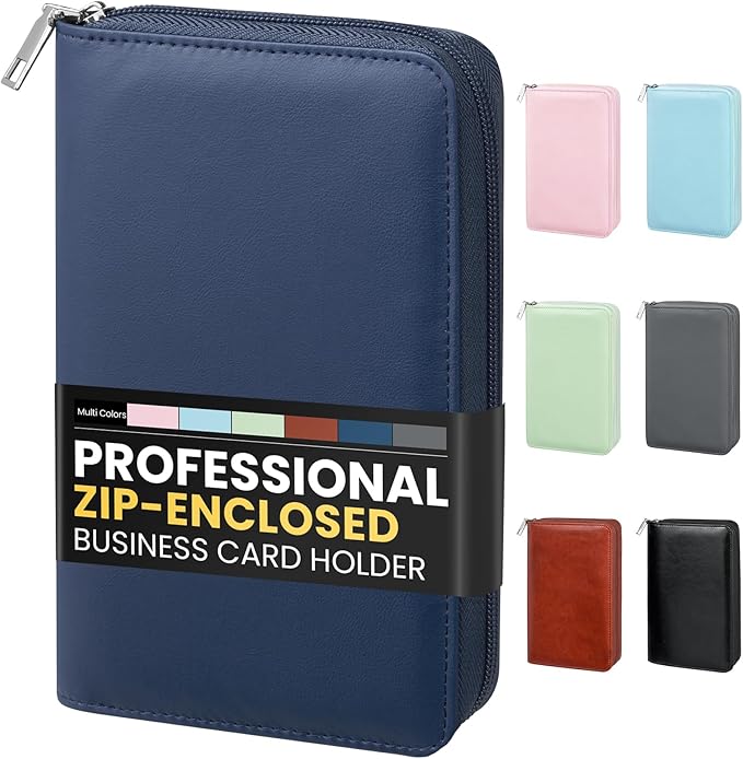Sooez Zip-Enclosed Business Card Holder Organizer, Professional Credit Card Case Book for Women Men, 240 Capacity, Premium Vegan Leather Gift Card Organizer Storage, Business Card Wallet, Navy Blue