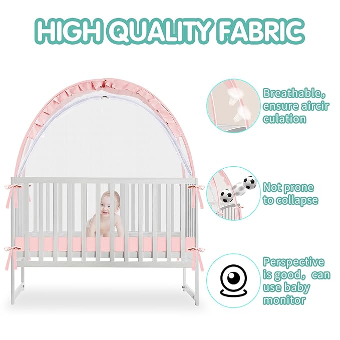 Crib Tent - Crib Net to Keep Baby in, Stop Baby from Climbing Out of Crib, Pop Up Crib Tent with Durable Breathable Net Double Zipper Strong Rods Installation Convenience