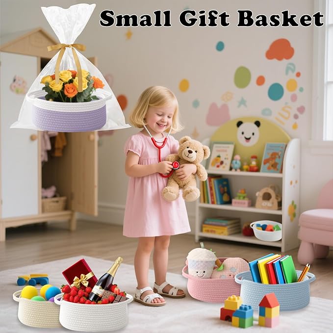 Small Woven Rope Basket-Empty Gifts Basket with Bag and Ribbons,Cute Handle Organizer Box for Birthday/Baby Shower, Toy Storage, Nursery Organizing & Shelf Decor(White&Purple)