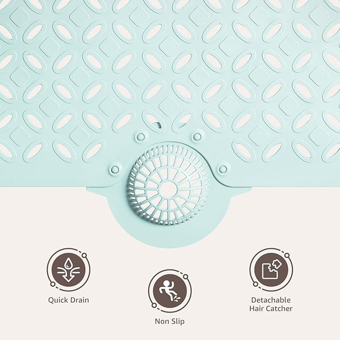 OTHWAY Bath Mat for Tub Non Slip: 39" X 17" Long Bathtub Mat with Hair Catcher│Big Drain Holes Shower Mats for Inside Shower│Machine Washable (Light Blue)