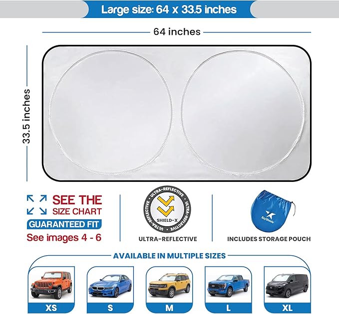 EzyShade Windshield Sun Shade with Shield-X Reflective Technology. See Vehicle Size-Chart. Foldable 1-Piece Car Sunshade Front Windshield Window Car SUV Truck. Sun Visor Heat Shield. Large (L) Size