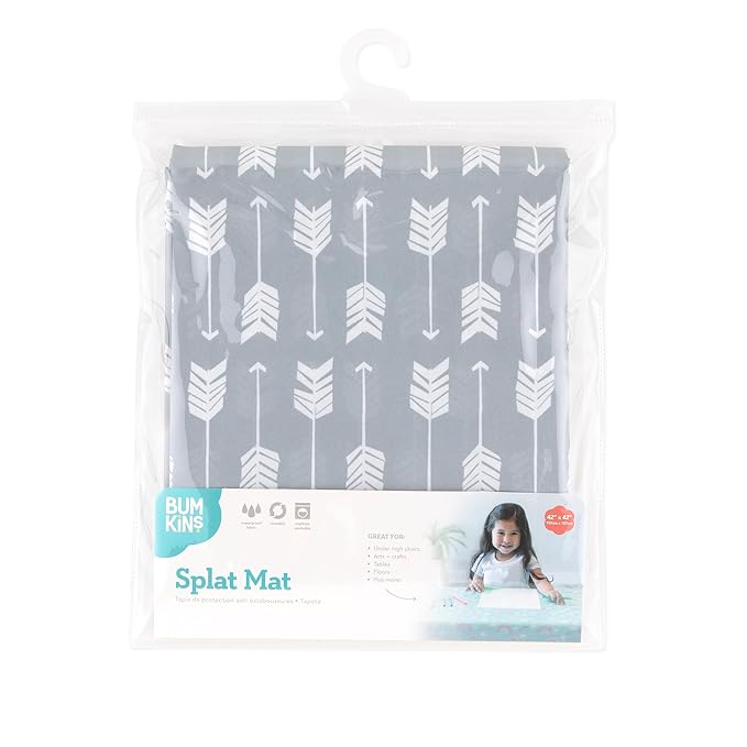 Bumkins Baby Splat Mat for Under High Chair, Babies Toddlers Eating Mess Mat, Waterproof Reusable Cloth for Arts and Crafts, Playtime Mat for Kids, Floors or Tables, Fabric 42inx42in, Gray Arrows