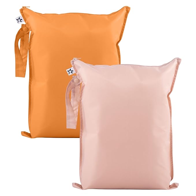 Tiny Twinkle Mess Proof Wet Bags | 2-Pack Reusable Waterproof Wet Bags for Swimsuits | Baby Clothes | Travel & Diaper Bag (Taupe, Dandelion)