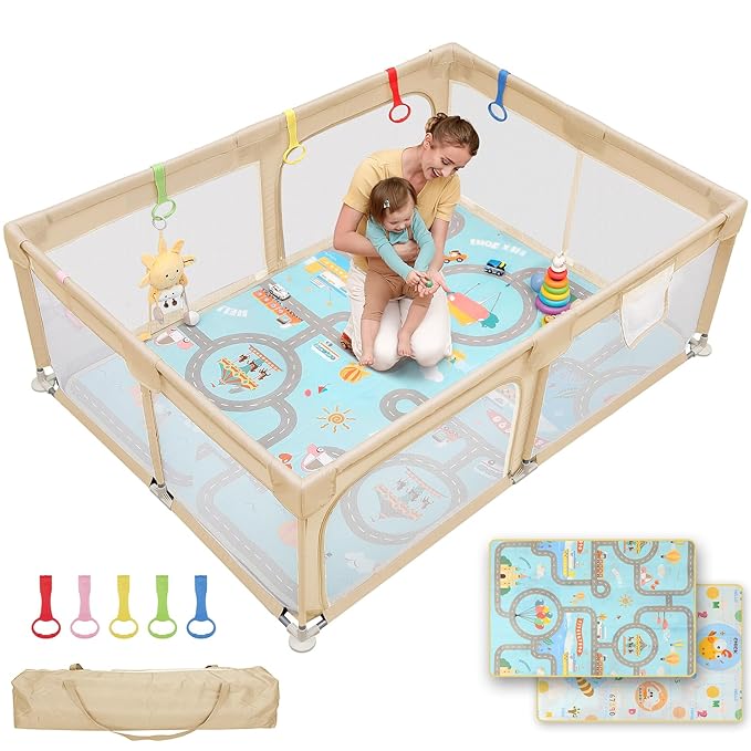 Dripex Baby Playpen with Mat, 71"x47" Play Pen for Toddlers 1-3 Years, Soft Breathable Visible Mesh, Indoor/Outdoor Portable Play Yard with Mat, Safe Baby Fence Play Area, Beige