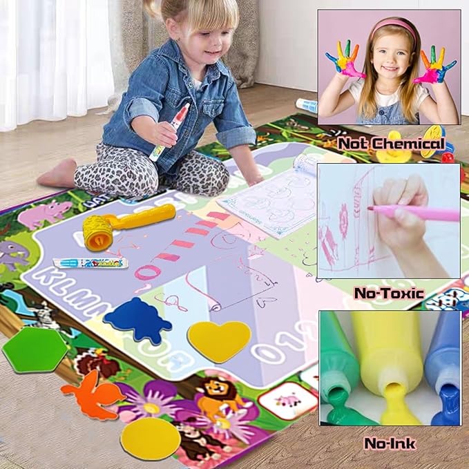 GIFTRRTOY Water Doodle Mat - Magic Water Drawing Mat with Stamps, Roller & Backpack Big Enough Space for 2-3 Kids to Draw Together | No Mess Travel Toy Gift for 3 4 5 6 7 8 Year Old Girls Boys