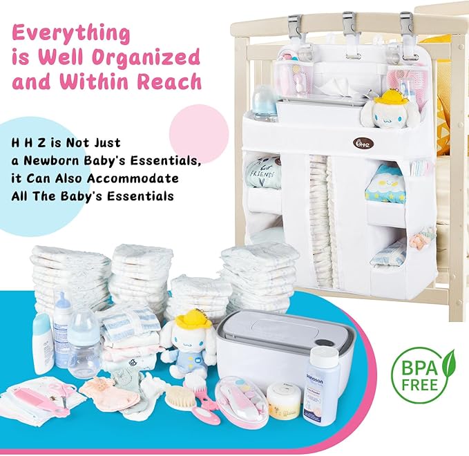 HHZ XL Hanging Diaper Caddy Organizer –Sturdy and Durable Baby Organizer – Diaper Stacker for Changing Table, Crib, Playard or Wall & Nursery Organization （White）