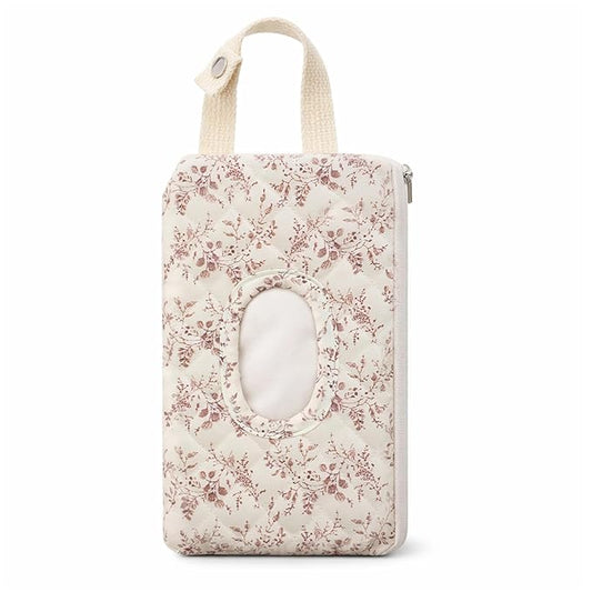 Quilted Diaper Wipe Pouch Hanging Floral Wet Wipes Bag Reusable Fabric Cover with Zipper & Lanyard for Car Daily Casual Travel Mommy Bag