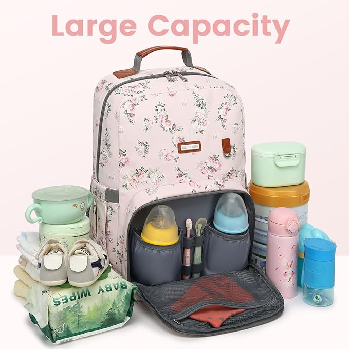 BILLITON MASHI Diaper Bag Backpack, Large Baby Nappy Bags with Portable Changing Pad for Boys and GirlsMultifunction Travel Baby Bag for Moms Dads, Shower Gifts Waterproof and Stylish，Flower Pink
