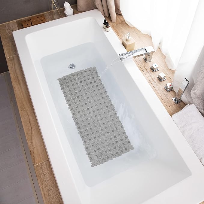 Bath Tub and Shower Mats, Non-Slip Pebble 35 x 16 Inches Machine Washable Bathtub Mat with Drain Holes, Suction Cups for Bathroom (Clear Grey)