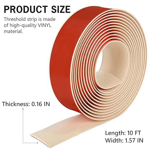 10Ft Floor Transition Strip Self Adhesive Vinyl Cover Floor Strip Flat Divider Transition Strip Wood Grain Design for Laminate Floor Gaps and Doorway Transitions (10Ft x 1.57 Inch, Beige)