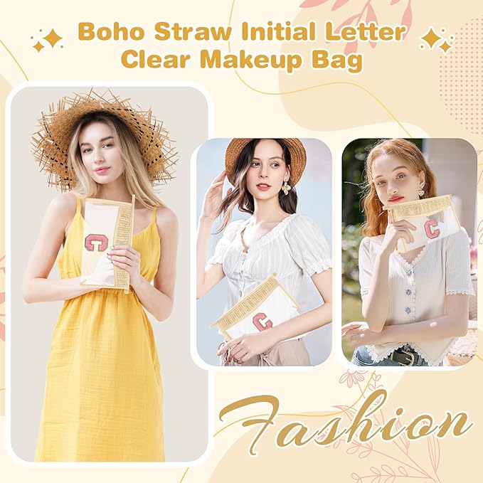 Small Boho Straw Initial Letter Makeup Bag Personalized Gift ,Cute Clear Chenille Patch Makeup Bag With Zipper,Trendy TSA Approved Travel Toiletry Bag,Gift for Women Girls Birthday Friend, Letter C