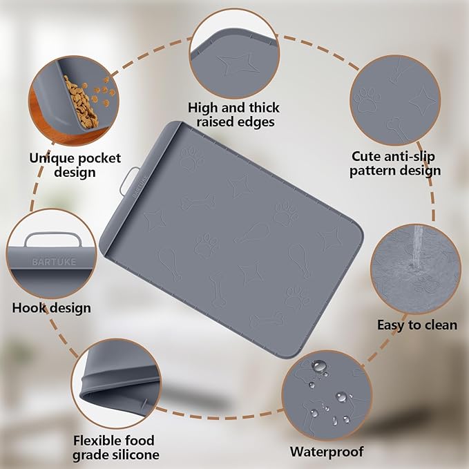 Bartuke Dog Food Mat with Collection Pocket, 42''x28'' Extra Large Silicone Pet Feeding Mat for Food and Water, Waterproof Anti-Slip Dog Mat with Edge and Handle, Pet Placement for Floor (Dark Grey)